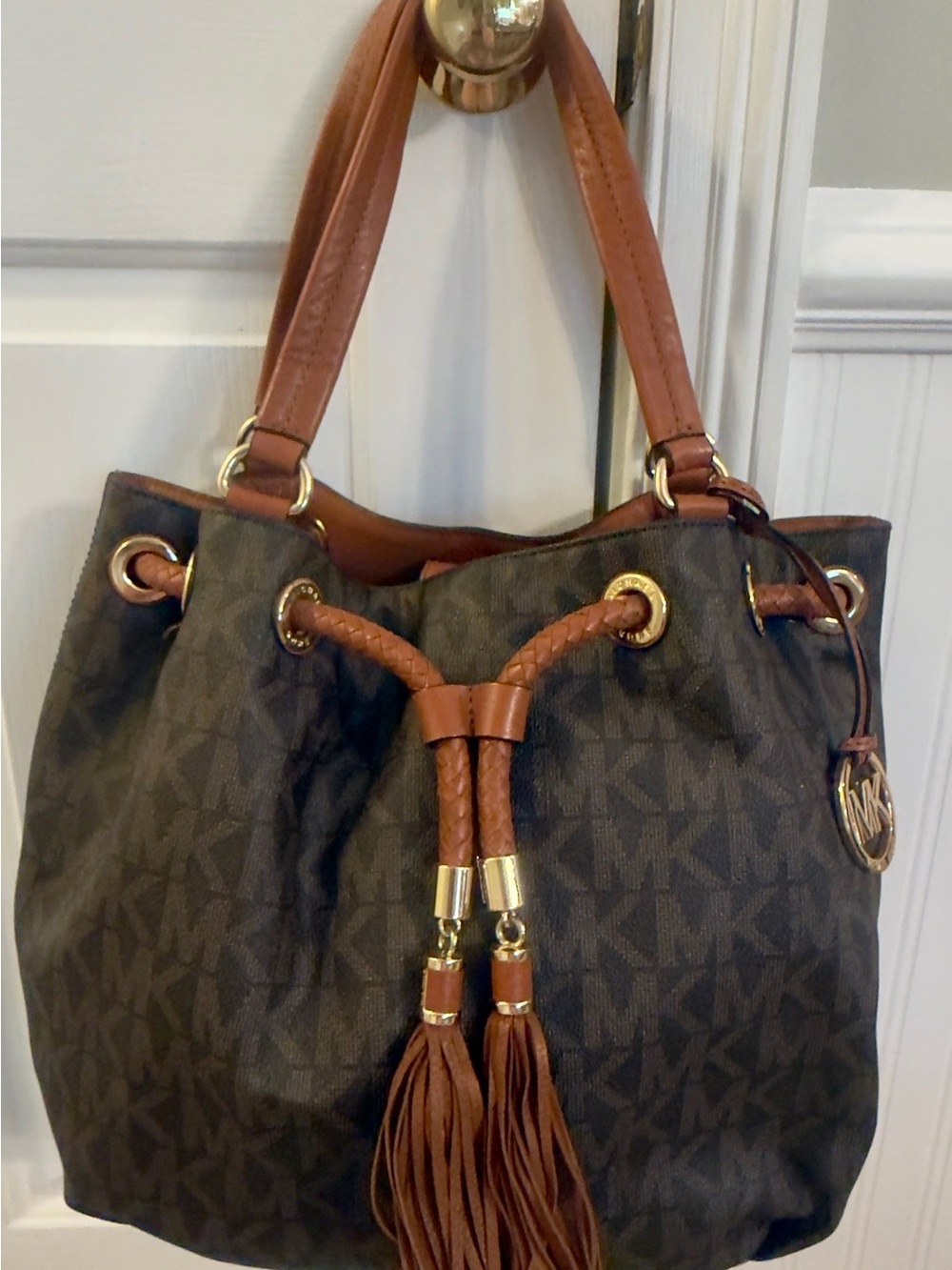 Michael Kors Brown Signature MK Drawstring Shoulder Bag with Tassels